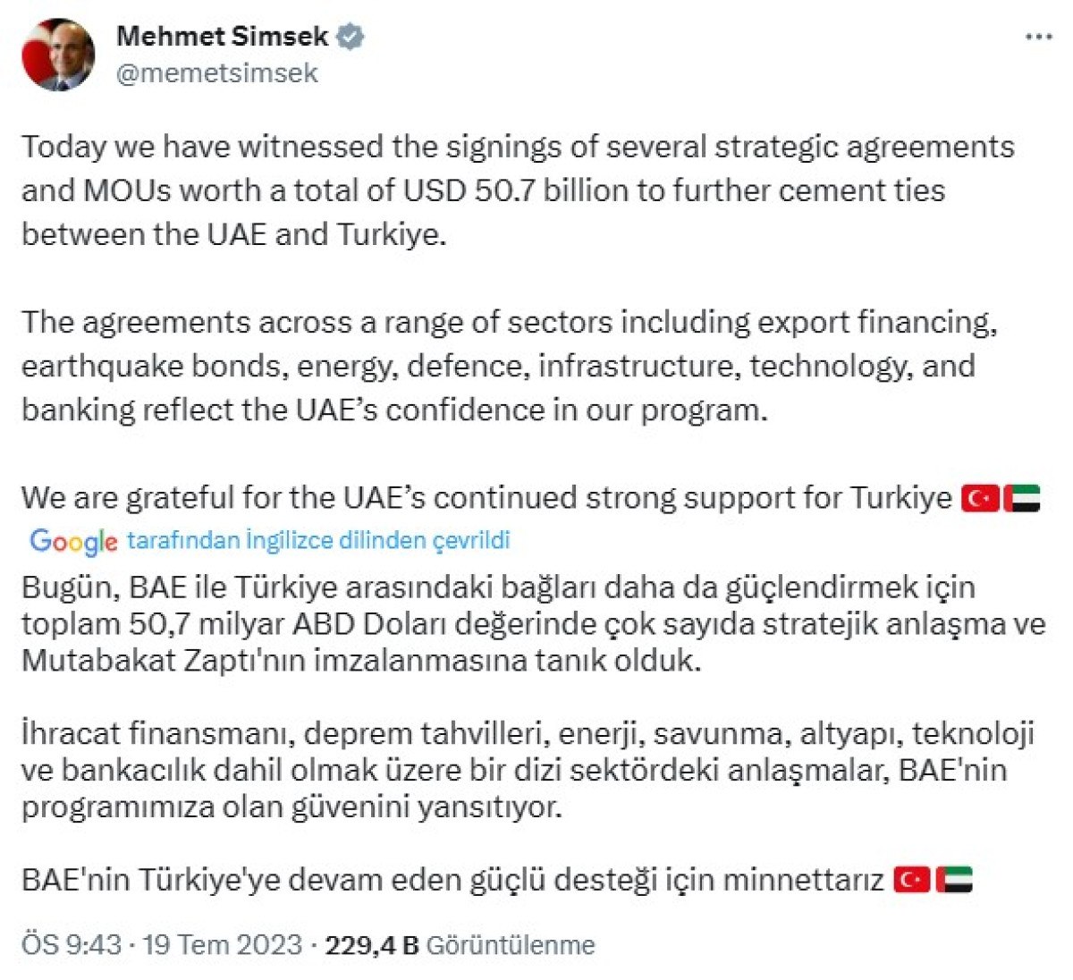 Mehmet Şimşek ten Türkiye ile BAE arasındaki 50 milyar dolarlık