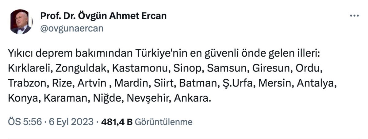 Depremde en güvenli illeri açıkladı Prof Dr Ahmet Ercan a göre