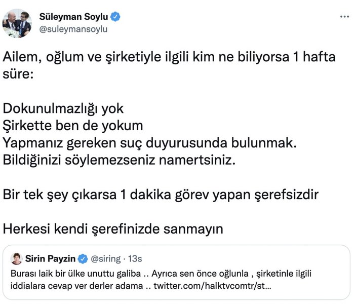 Bakan Soylu Kim ne biliyorsa 1 hafta süre