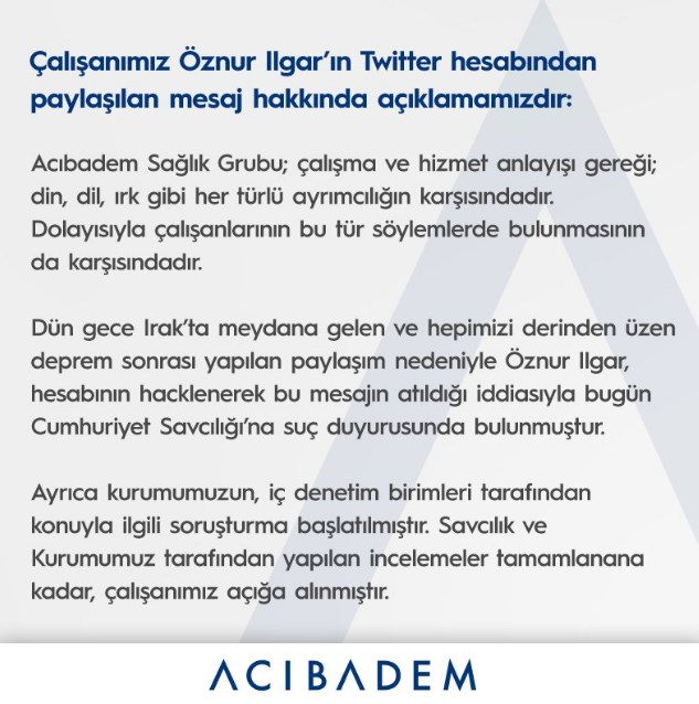 Acıbadem'den ırkçı paylaşım açıklaması