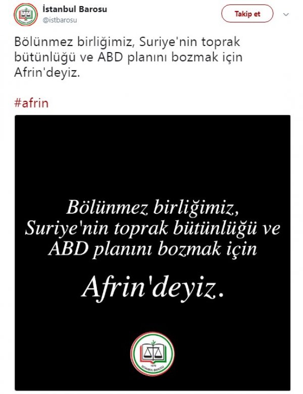 İstanbul Barosu'ndan Afrin operasyonuna destek