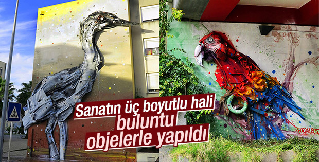 Buluntu objelerle üç boyutlu sokak sanatı yapıldı