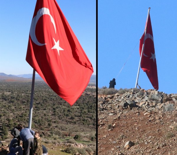 Köylüler sınırın sıfır noktasına dev Türk bayrağı astılar