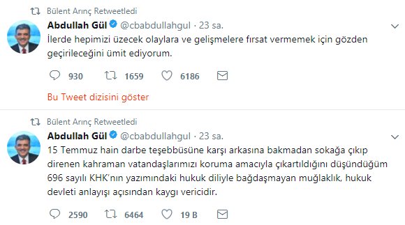 Bülent Arınç Abdullah Gül'ün tweet'lerini paylaştı