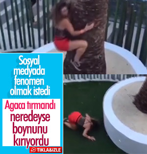 Sosyal medya için mini etekle ağaca tırmanan kız