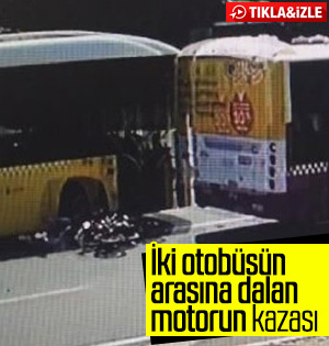 2 otobüsün arasında dalan motosikletli kaza yaptı