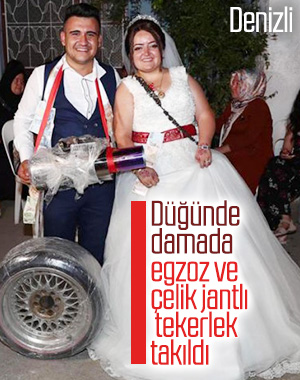 Denizli'deki bir düğünde damada tekerlek ve egzoz takıldı