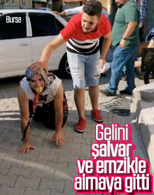 Şalvar ve emzikli damat, gelin evine emekleyerek gitti