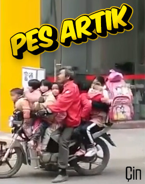 Çin'de 8 kişilik okul servisi gibi motosiklet