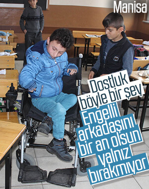 Bedensel engelli sıra arkadaşının eli, ayağı oldu