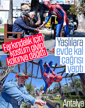Antalyalı Örümcek Adam vatandaşlara kolonya dağıttı