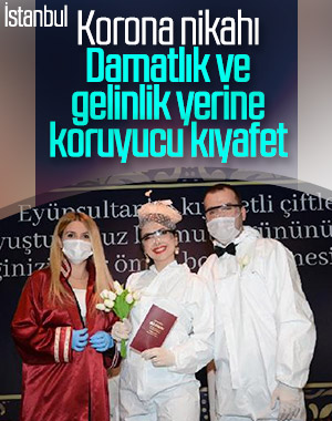 Gelin ve damat koruyucu kıyafetlerle nikaha geldi