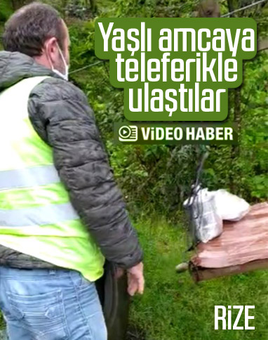 Rize'de yaşlı adama yemeği teleferikle ulaştırılıyor
