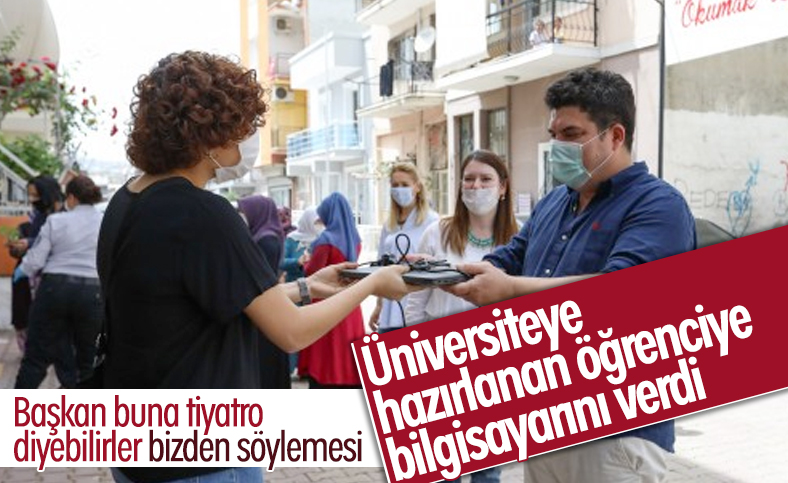 Belediye başkanı, öğrenciye bilgisayarını verdi
