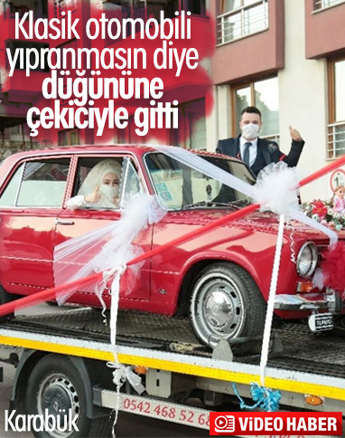 Karabük'te klasik otomobili çekiciyle çekip düğün yaptı