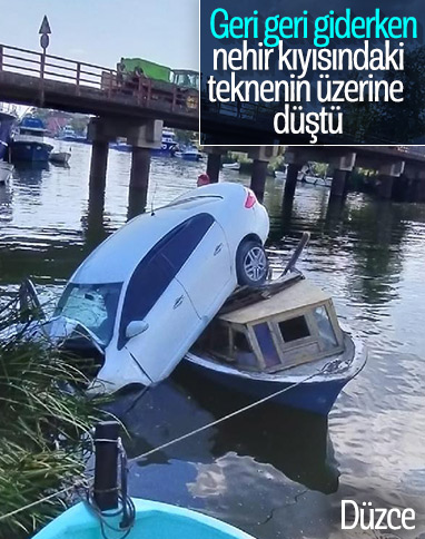 Düzce'de otomobil, Melen Nehri'ndeki teknenin üzerine düştü