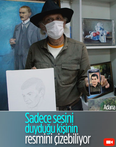 Adana'da ressam, tanımadığı insanların sesini duyup çiziyor