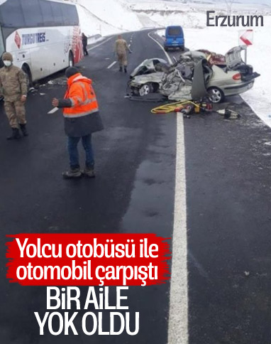 Erzurum'da yolcu otobüsünün çarptığı araçtaki 3 kişilik aile hayatlarını kaybetti