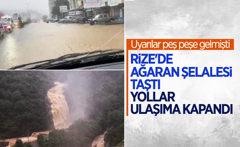Rize'de sağanak yağış yolları göle çevirdi, şelale taştı