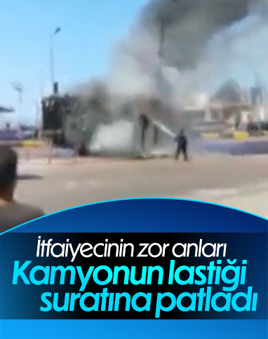 Mısır'da yanan çöp kamyonunun lastiği patladı
