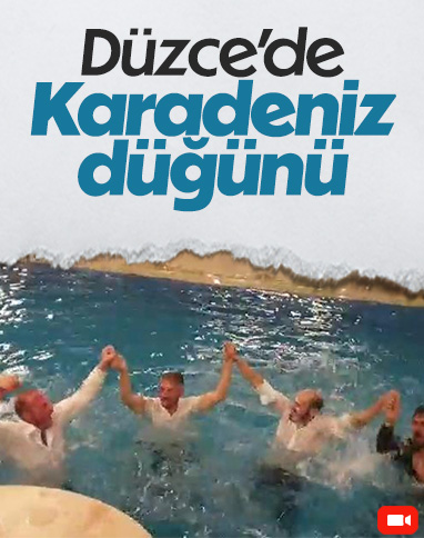 Düzce'de düğünde çılgınca eğlenip havuzda horon oynadılar