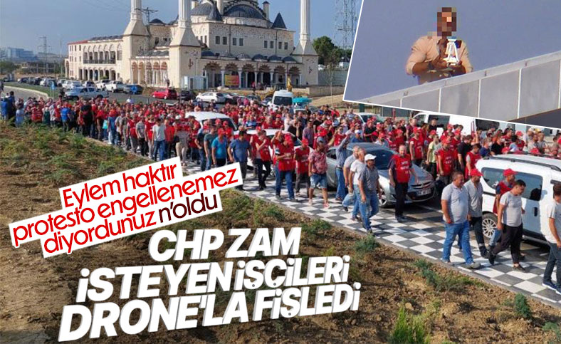 Tekirdağ'da maaş eylemi yapan belediye işçileri, gizli çekim yapan drone'u yuhaladı