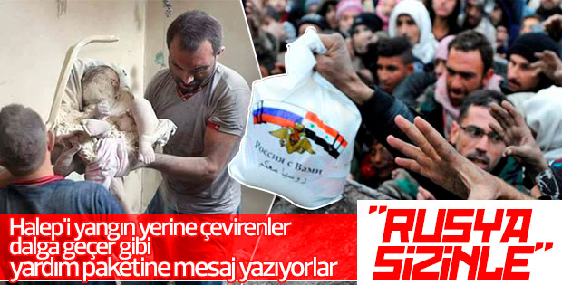 Halep'te yardım poşetlerinde Rusya sizinle mesajı