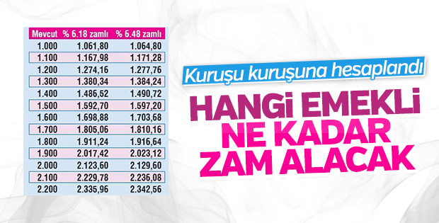 Zamlı emekli maaşları listesi 2017