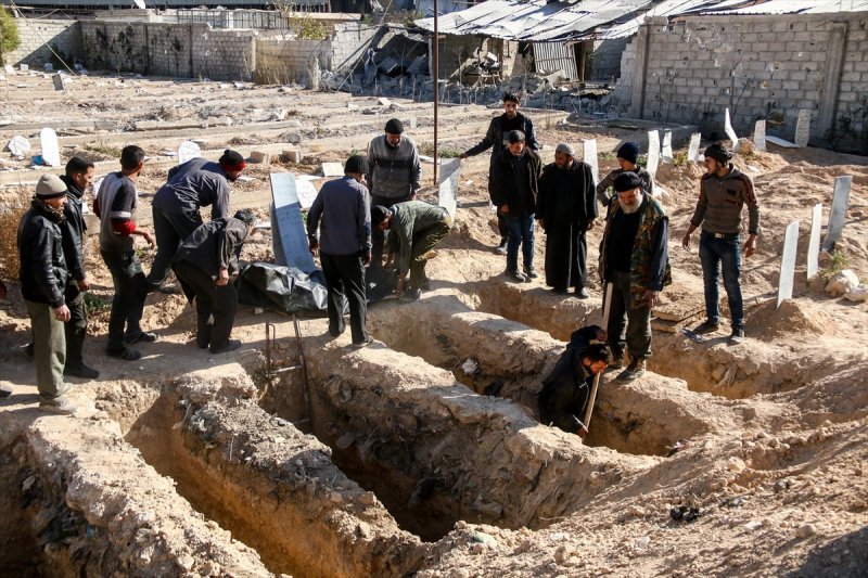 Beşşar Esad rejimine ait savaş uçakları, gerginliği azaltma bölgesi içerisindeki Doğu Guta'nın Arbin ilçesine hava saldırıları düzenledi. Rejimin, ilçedeki yerleşim yerlerine düzenlediği saldırılar sonucu 6 sivil öldü. Saldırıda hayatını kaybedenlerin defnedilmesi için ilçedeki mezarlıkta toplu mezar kazıldı. (Tarih: 02/12/2017)