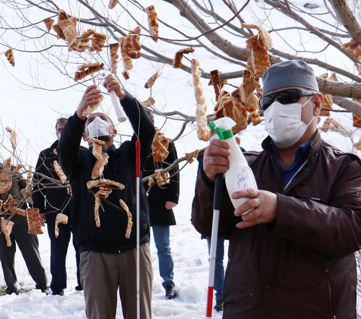 Erzurum'daki engelliler, kuşlar için 'rızık ağacı'na ekmek astı
