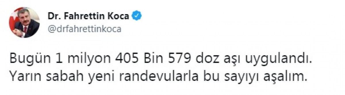 Son 24 saatte 1 milyon 405 bin 579 doz aşı yapıldı
