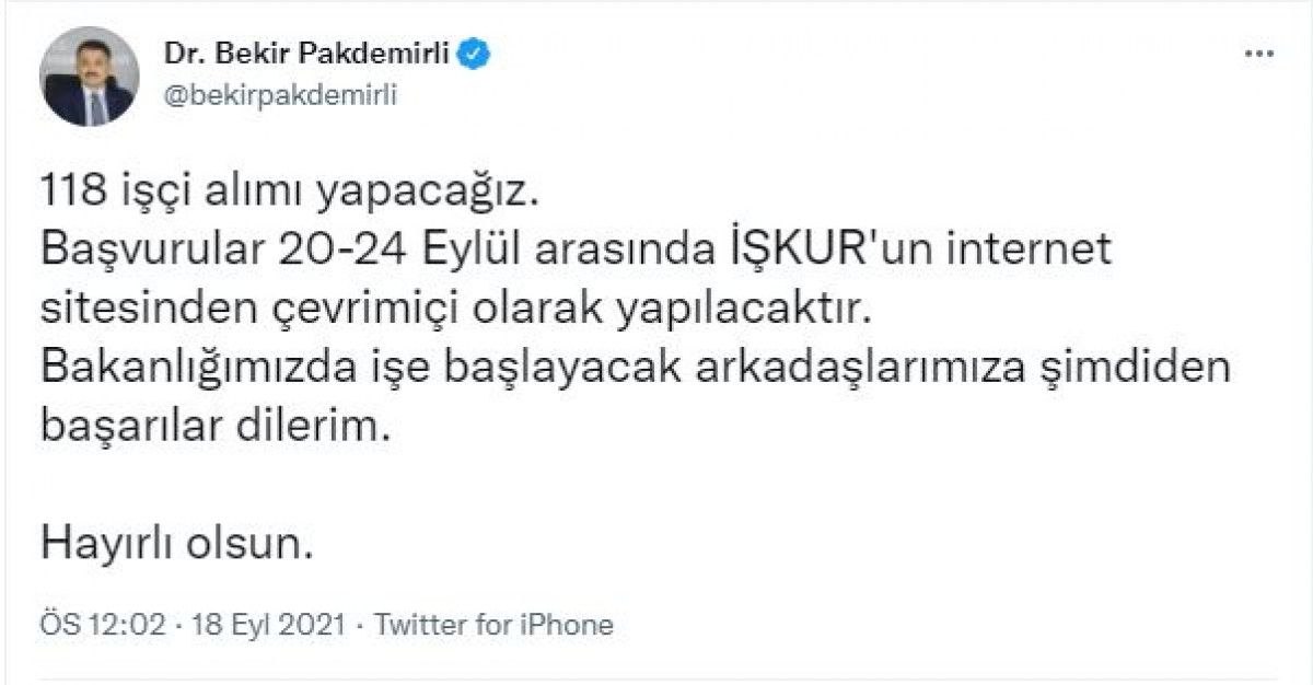 Bakan Pakdemirli müjdeyi verdi: 118 işçi alımı yapacağız