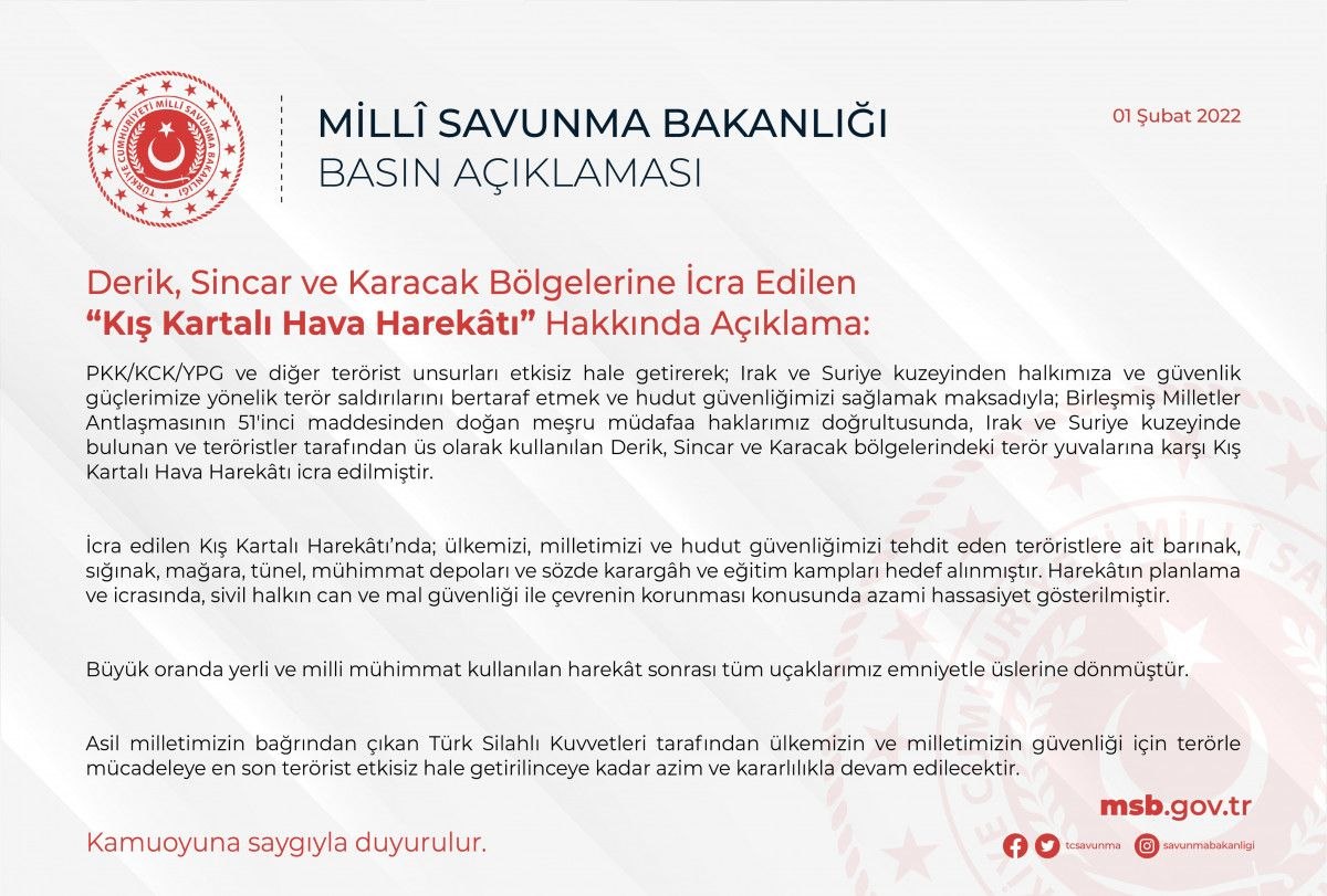 MSB: Irak ve Suriye'de terör yuvalarına karşı Kış Kartalı Hava Harekatı düzenlendi