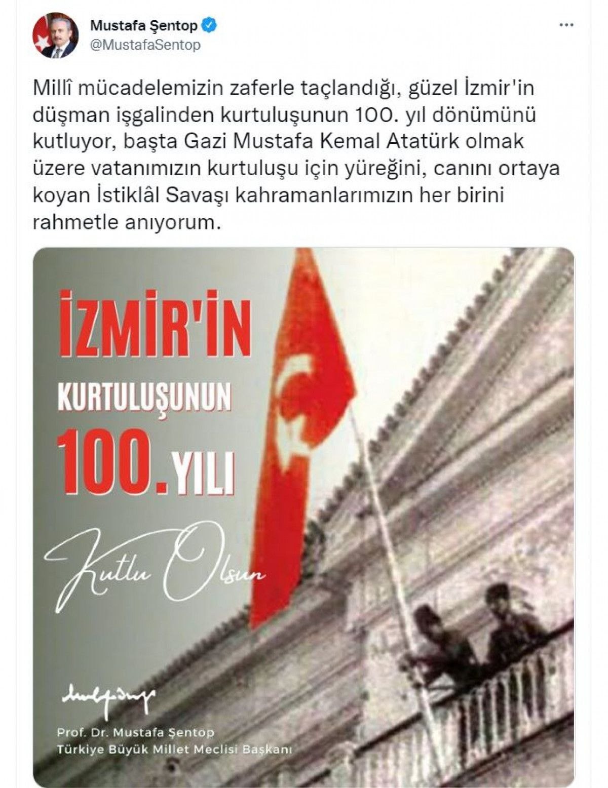 Mustafa Şentop, İzmir'in kurtuluşunun 100'üncü yılını kutladı