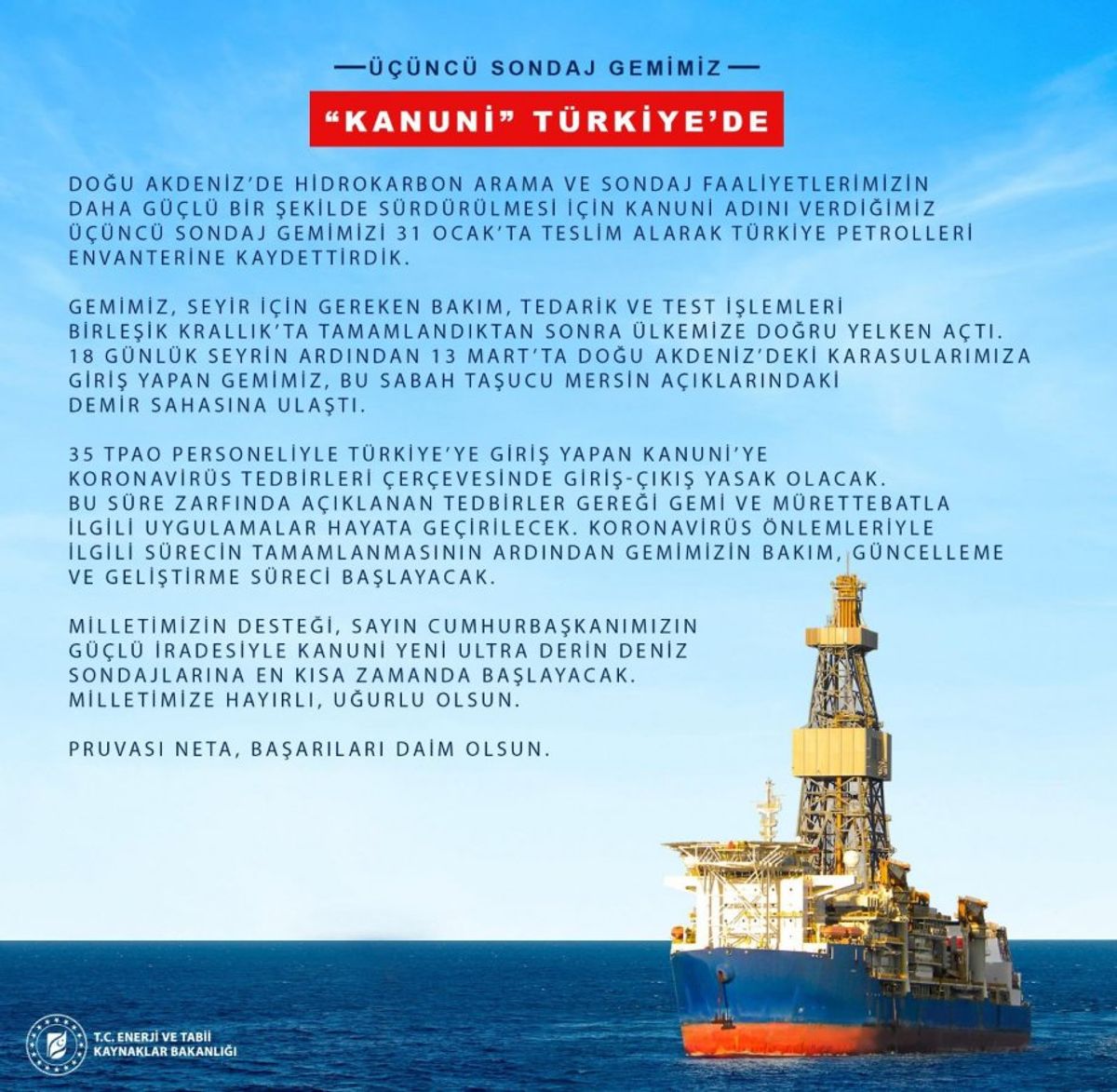 Üçüncü sondaj gemisi Kanuni Türkiye'de