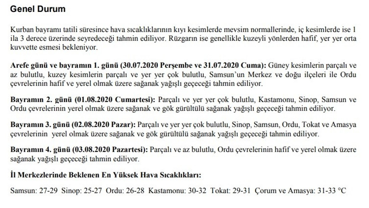 Bayramın 'havası' belli oldu
