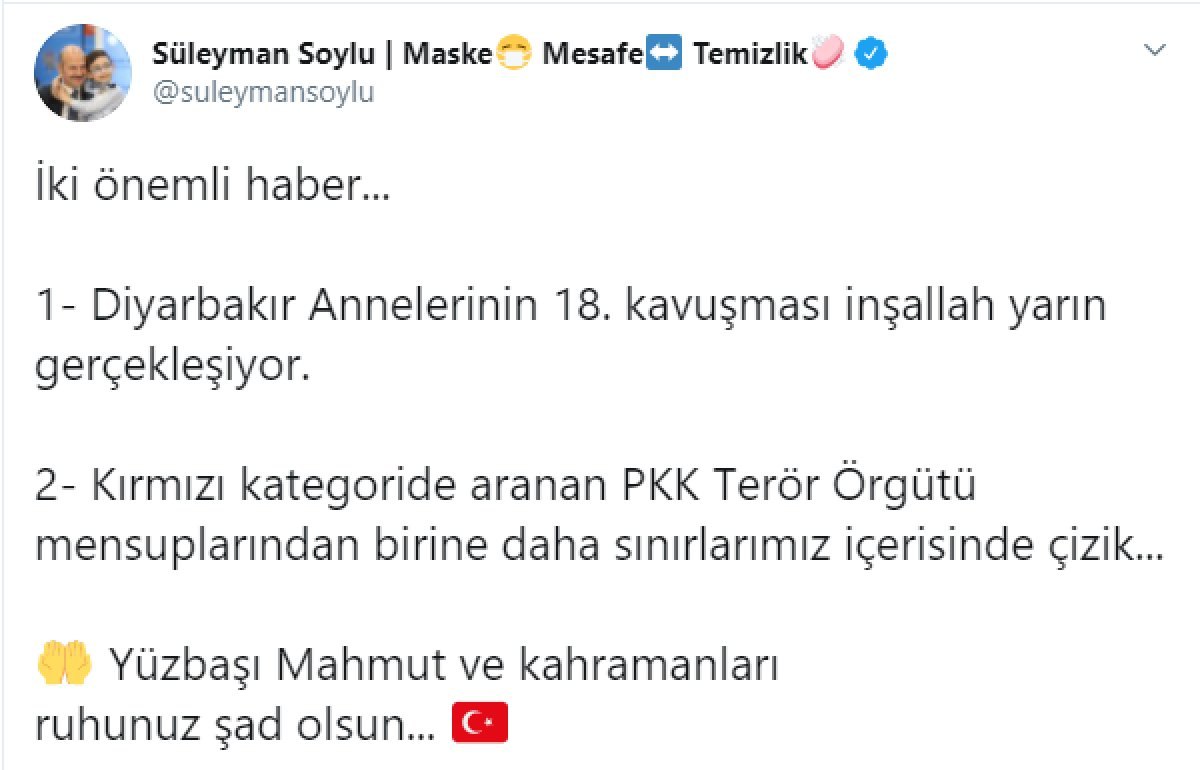 Bakan Süleyman Soylu duyurdu: Kırmızı kategoride aranan terörist etkisiz hale getirildi