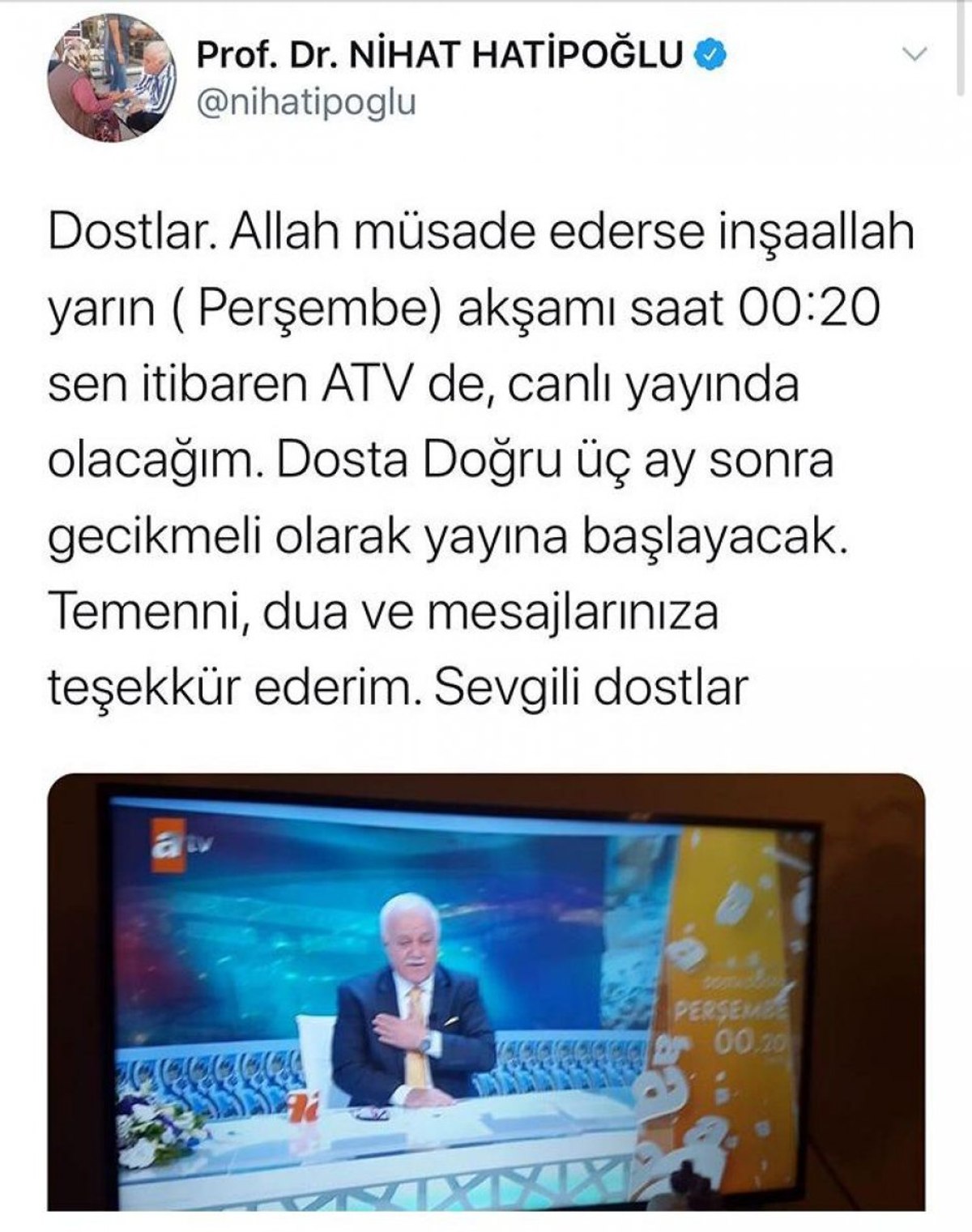 Nihat Hatipoğlu bu gece ekranlara dönüyor