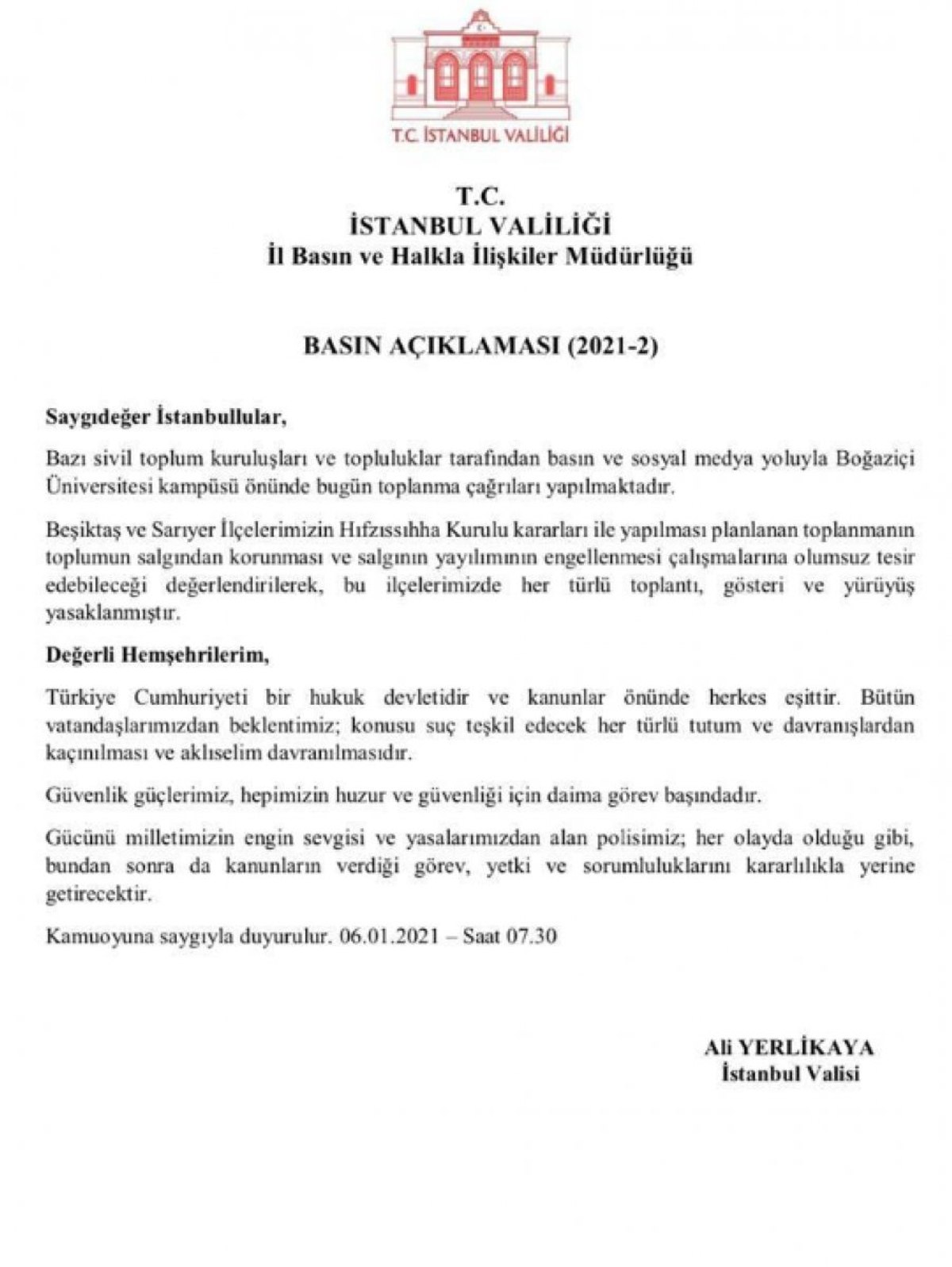 Ali Yerlikaya: Beşiktaş ve Sarıyer İlçelerimizde her türlü gösteri yapmak yasak