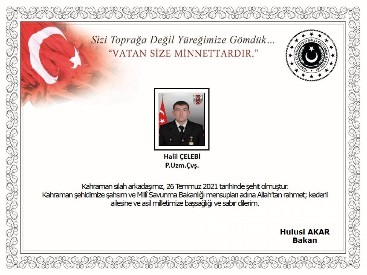 Hulusi Akar şehit Halil Çelebi için başsağlığı mesajı yayınladı