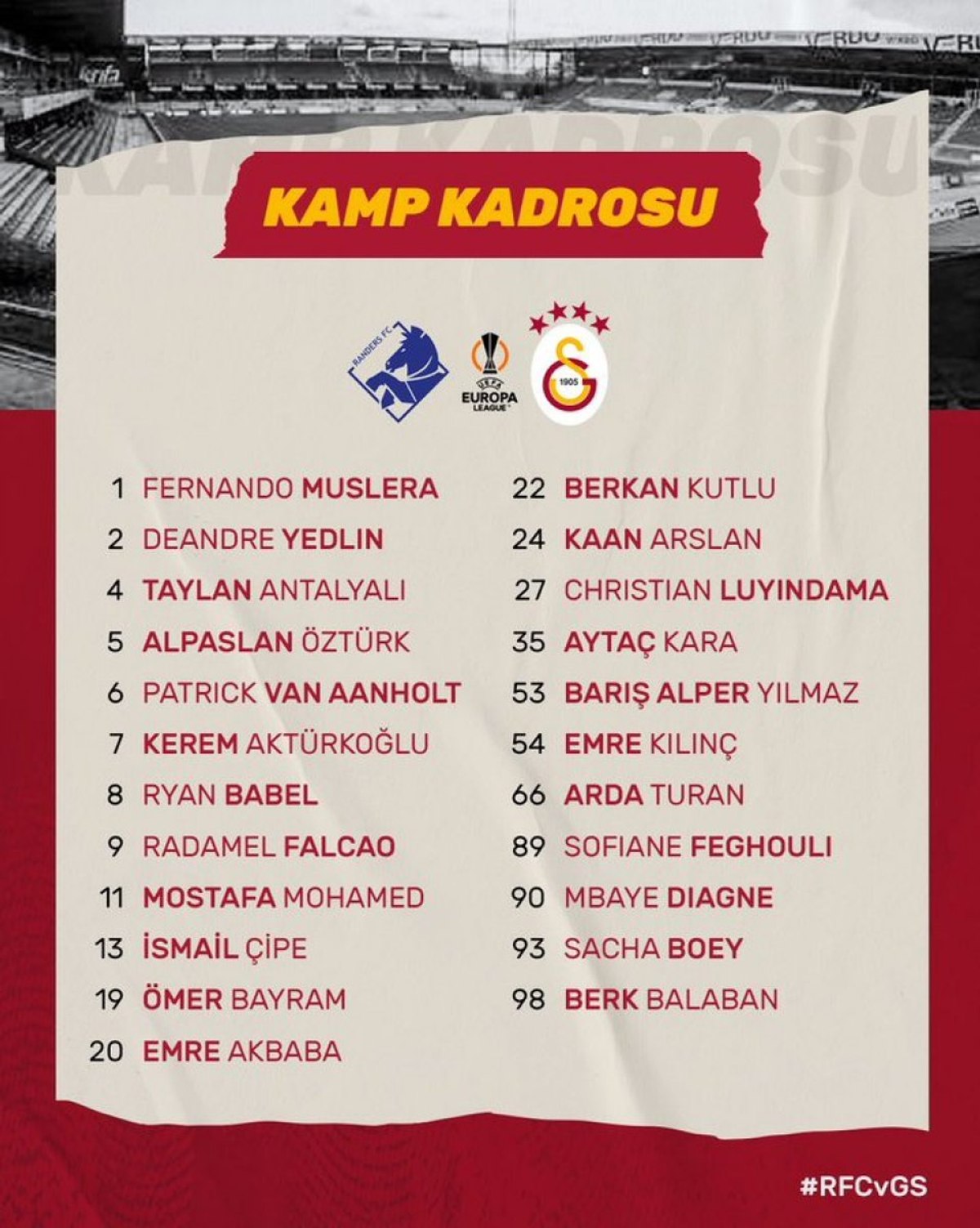 Galatasaray-Randers maçının kamp kadrosu açıklandı! O isim kafilede yok..