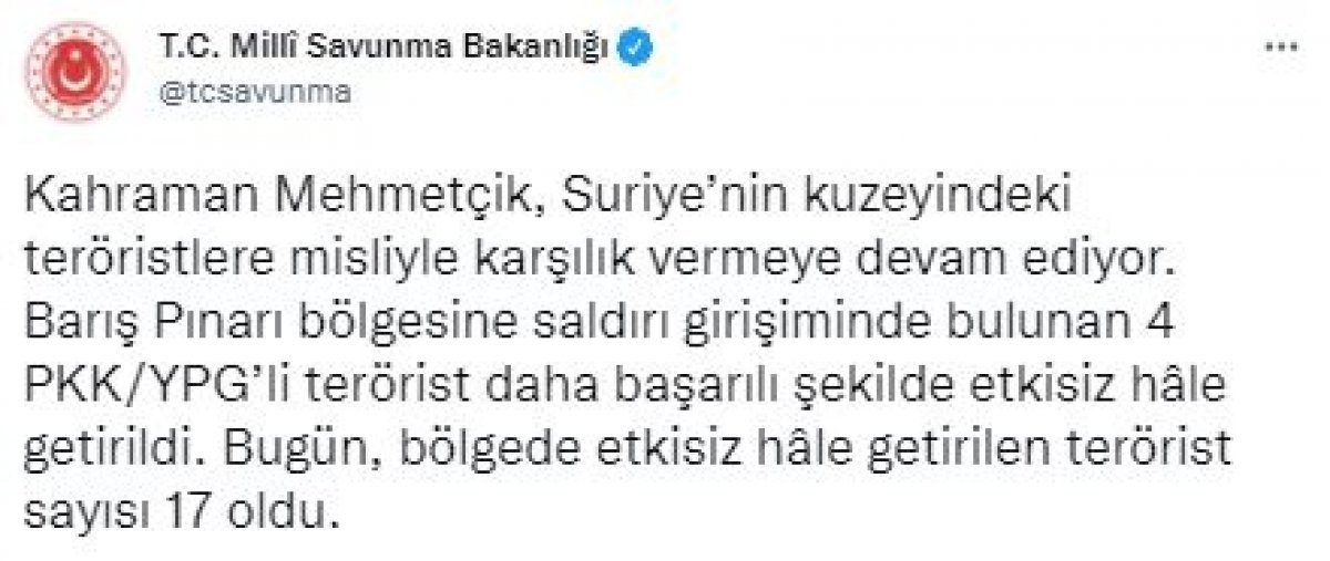 Barış Pınarı bölgesinde 4 PKK/YPG'li terörist öldürüldü