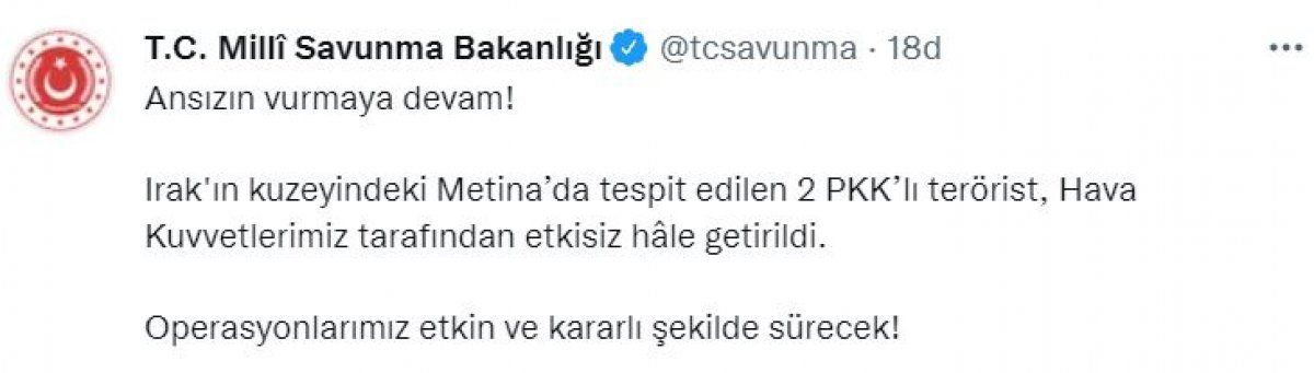 Irak'ın kuzeyinde 2 PKK'lı terörist etkisiz hale getirildi