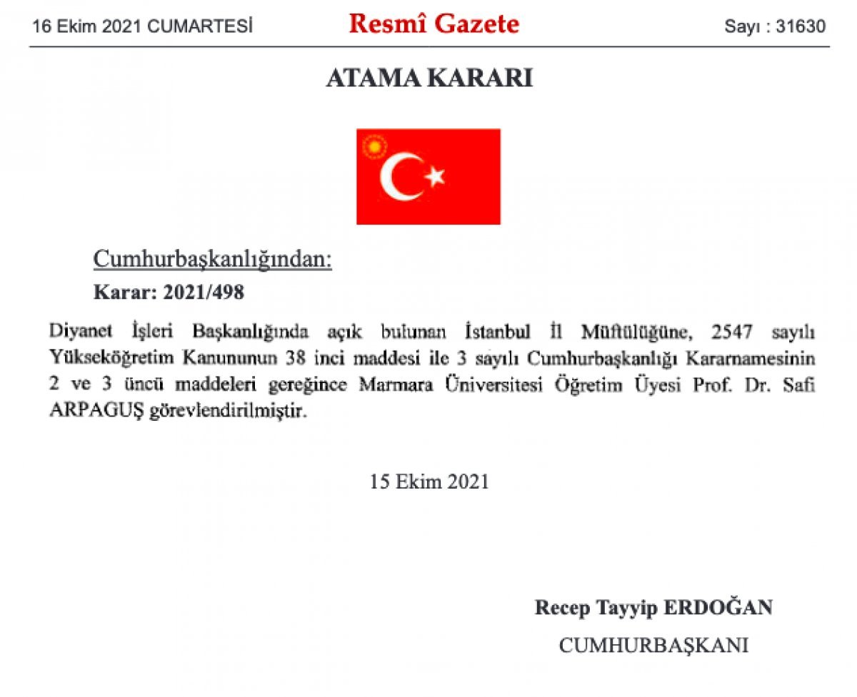 İstanbul Müftülüğüne Prof. Dr. Safi Arpaguş atandı