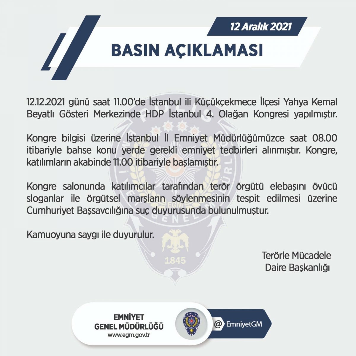 Emniyet Genel Müdürlüğü, HDP'ye suç duyurusunda bulundu