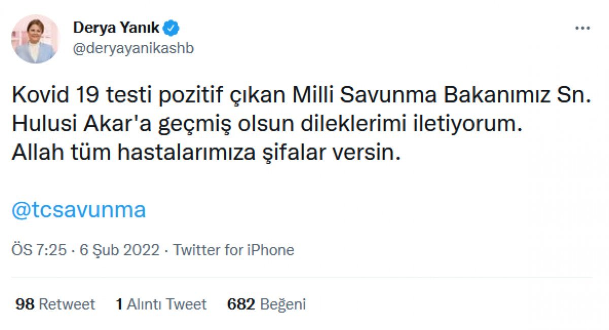Milli Savunma Bakanı Akar'a gelen geçmiş olsun mesajları