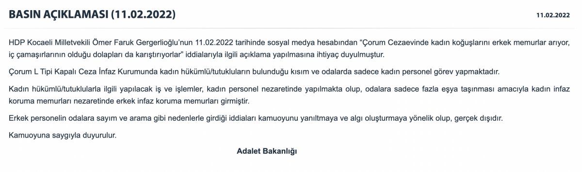 Adalet Bakanlığı, HDP'li Gergerlioğlu’nun iddialarını yalanladı