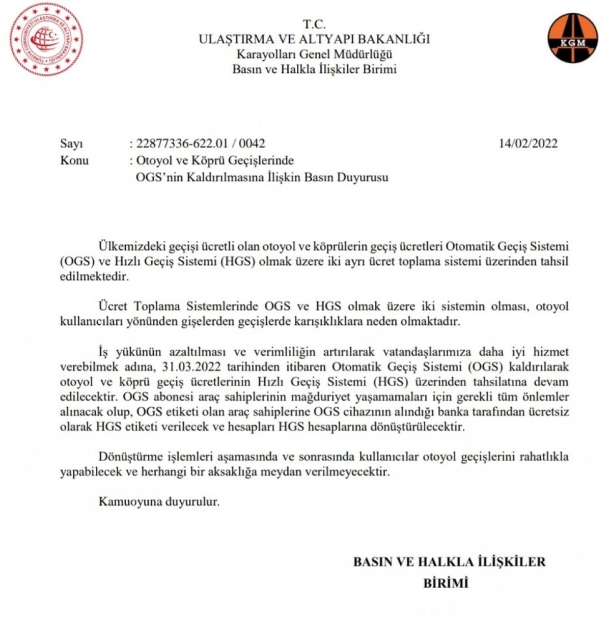 Otoyol ve köprü geçişlerinde OGS kaldırıldı