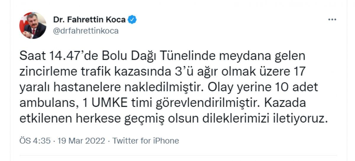 Fahrettin Koca'dan Bolu Tüneli'ndeki kazaya ilişkin açıklama