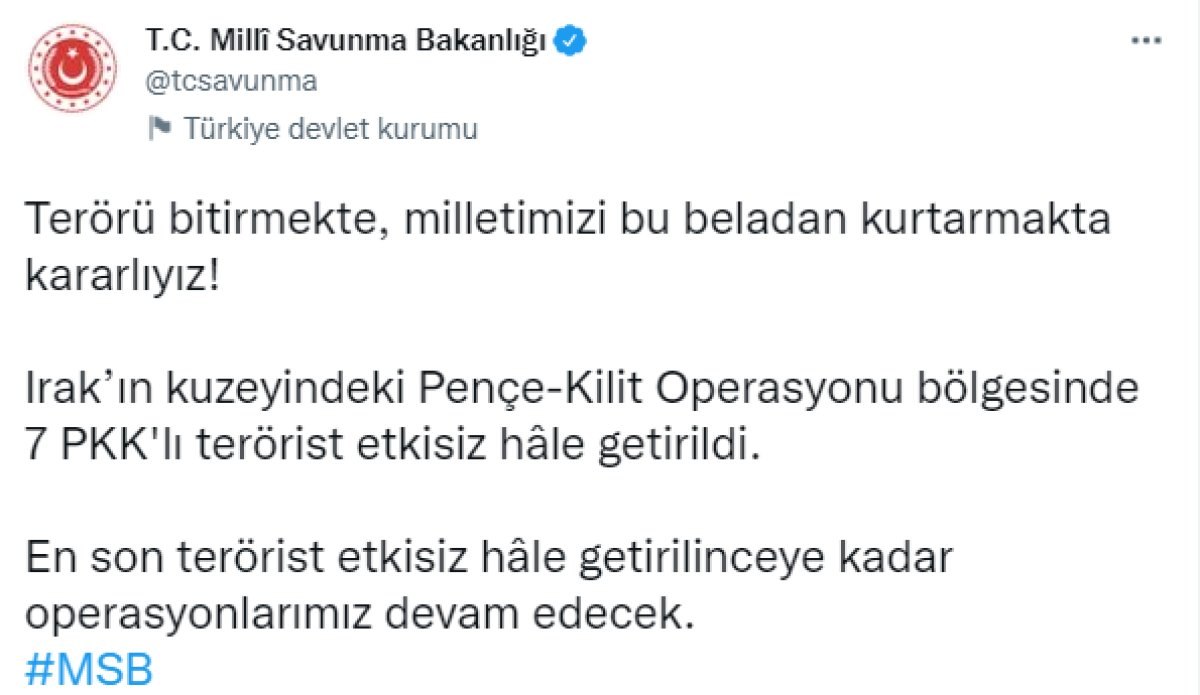 Pençe Kilit Operasyonu'nda 7 terörist etkisiz hale getirildi